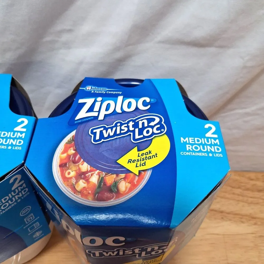 Lot of 3 NEW Ziploc Twist n Loc 2 Medium Round w/Lids 1 Quart Leak Resistant Lid